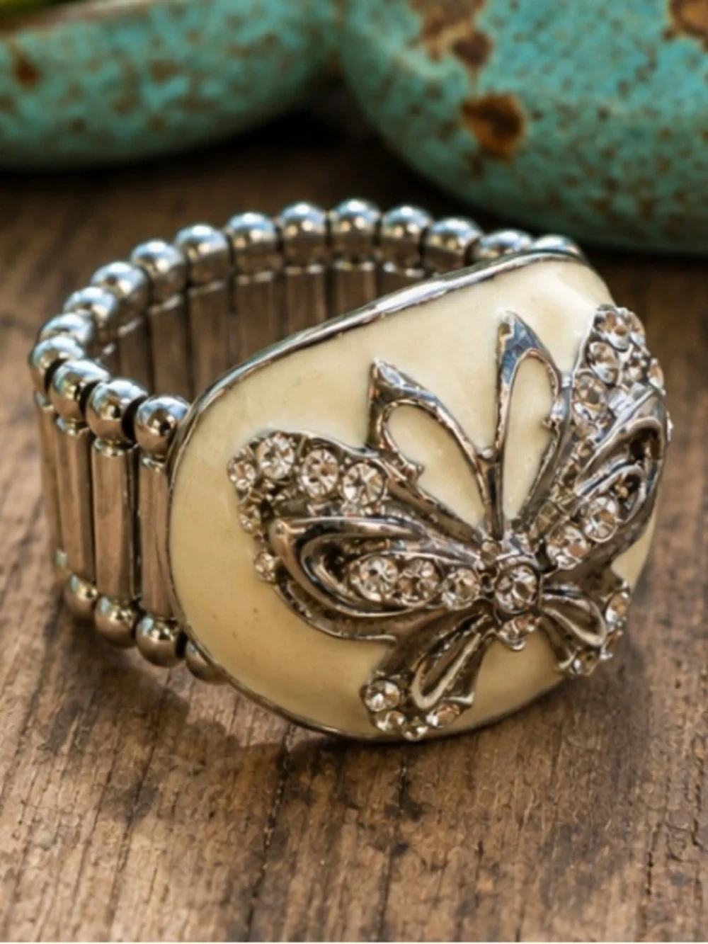 Butterfly Stretch Ring Size 8 Ivory Enamel Rhinestone Silver Tone Statement